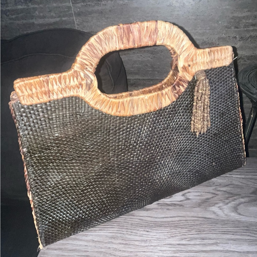 Vintage Woven Rattan Tote Clutch Philippines Boho Straw Bag Large Structured 17”